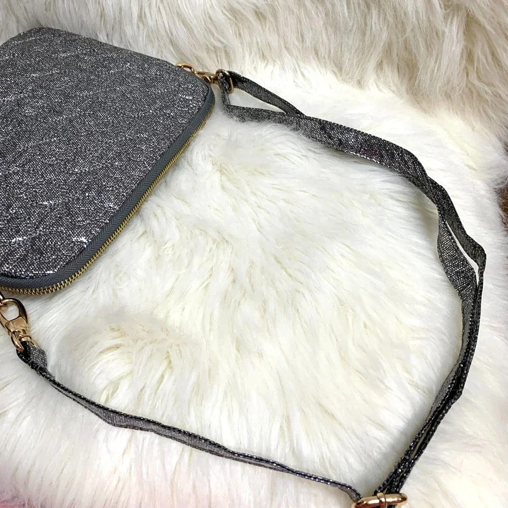 DEUX LUX Metallic Silver Glittery Embossed Zip IPAD Tablet Case with XBody Strap